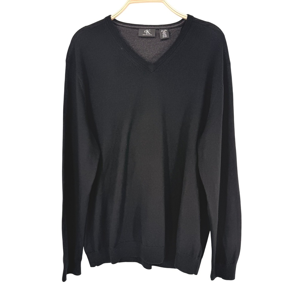Calvin Klein Sweater Mens XL Black Good Merino Wool V-Neck Long Sleeve